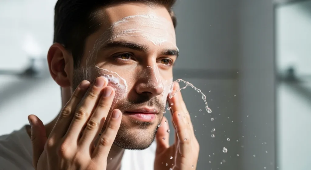 best skin care routine for men with oily skin. Man applying cleanser as part of the best skin care routine for men with oily skin.