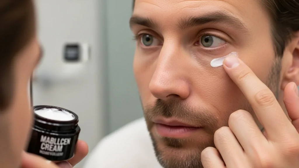 Close-up of a man during his male grooming eye routine, gently patting the best under eye cream for men onto the skin beneath his eyes to prevent wrinkles and puffiness.