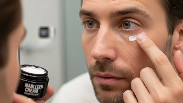 Close-up of a man during his male grooming eye routine, gently patting the best under eye cream for men onto the skin beneath his eyes to prevent wrinkles and puffiness.