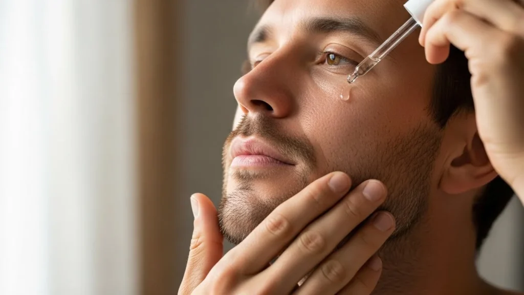 Male applying serum with dropper on face, soft light, natural skin texture, advanced men skincare routine serum