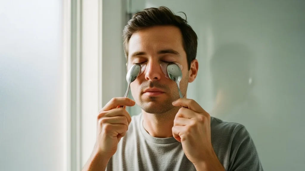 Man applying a cold compress using chilled metal spoons to reduce morning puffiness and treat under eye bags men naturally in a bathroom setting.