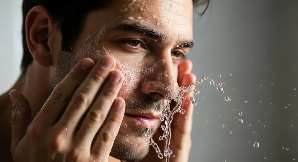 Man applying cleanser as part of the best skin care routine for men with oily skin.