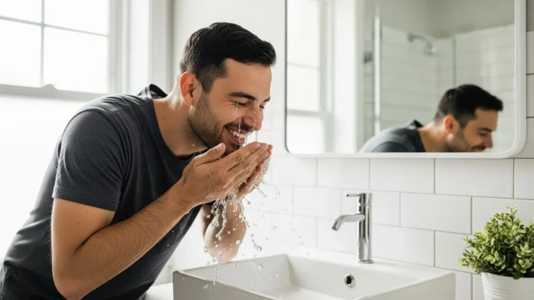 Skincare Routine for Men, Smiling-man-washing-face-in-a-bright-bathroom-clean-minimal-aesthetic
