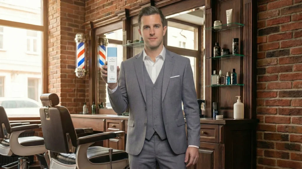 Man applying a hydrating gel serum to his face as part of the best skin care routine for men with oily skin