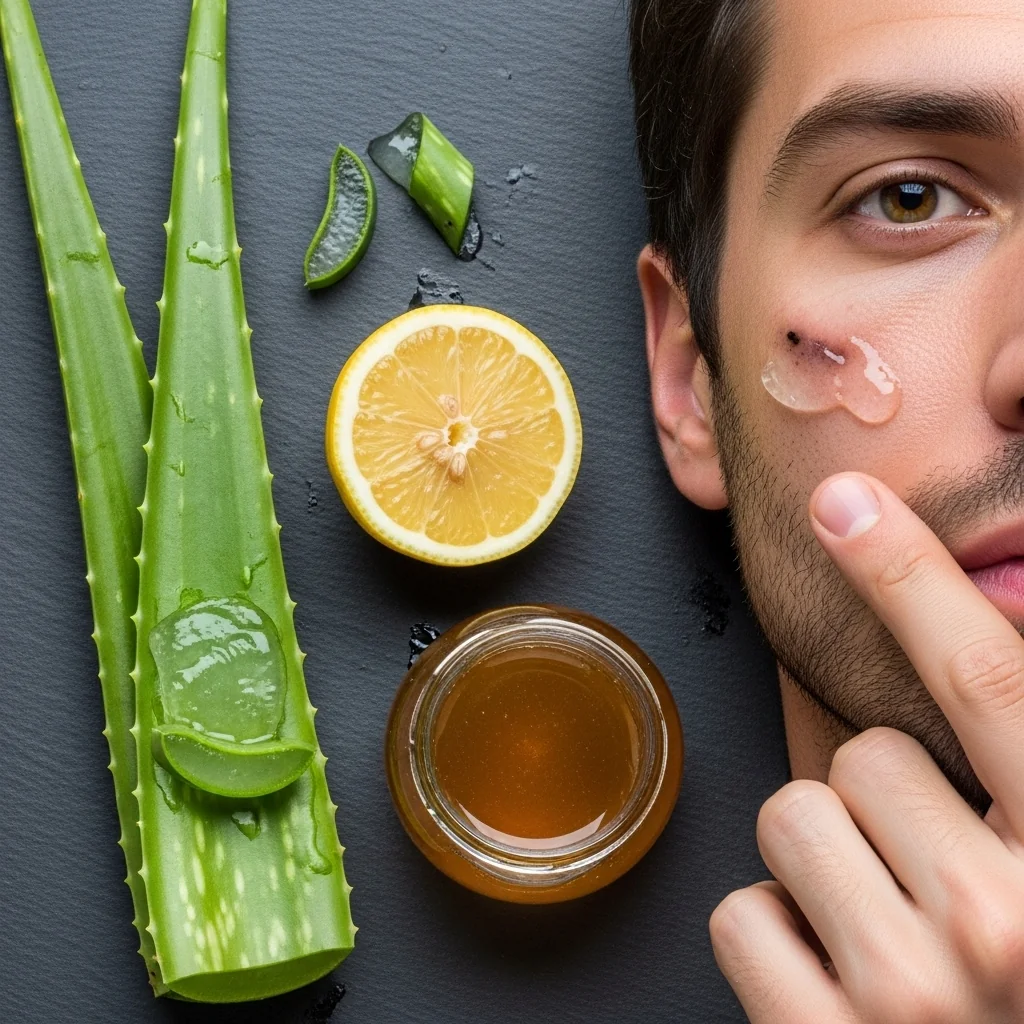 Natural ingredients like aloe vera and lemon being used to remove dark spots for men naturally.)